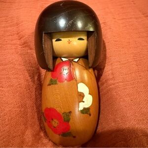 Handcrafted Wooden Kokeshi Doll with Floral Design, 5”